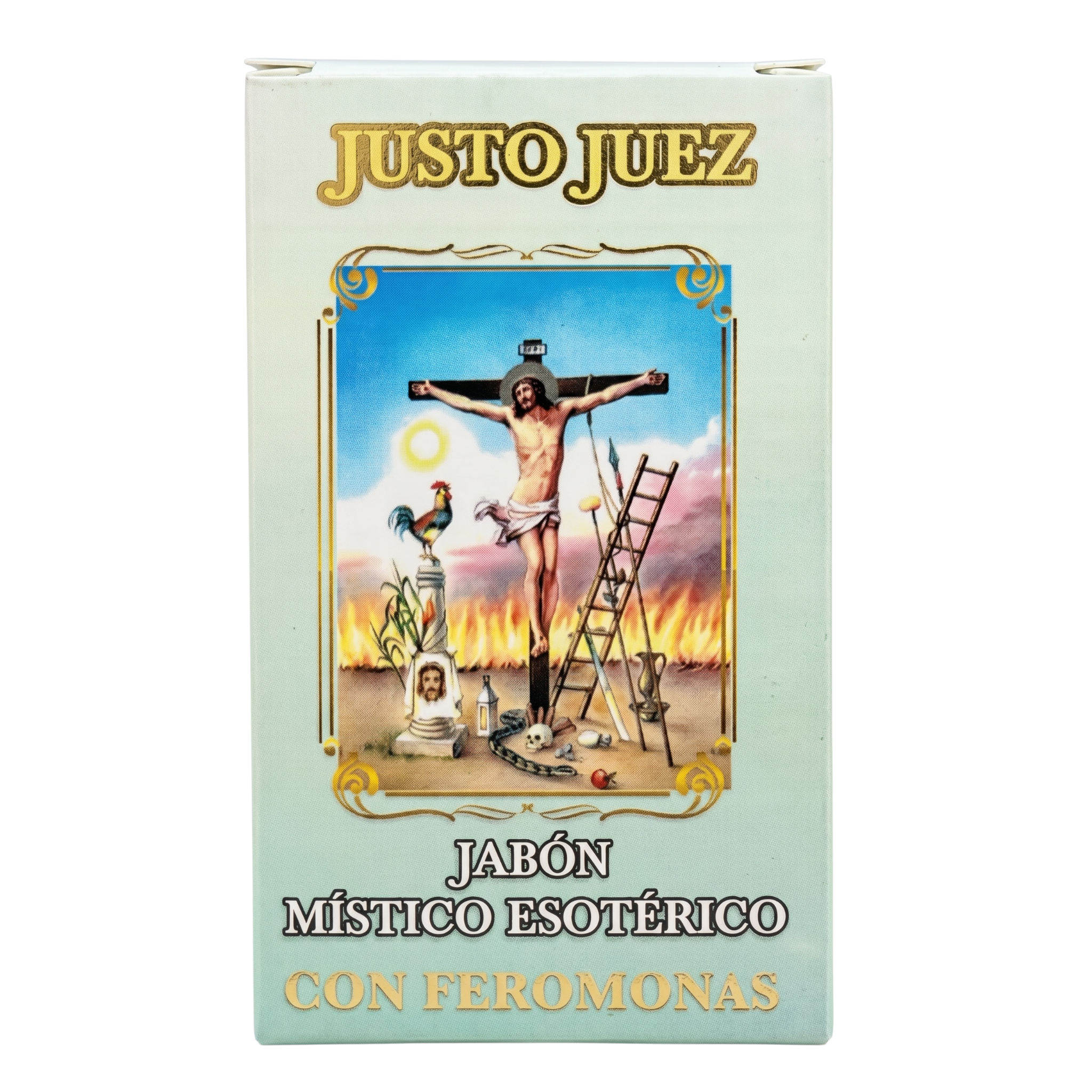 Box of Justo Juez mystical esoteric soap with religious imagery on a light blue background