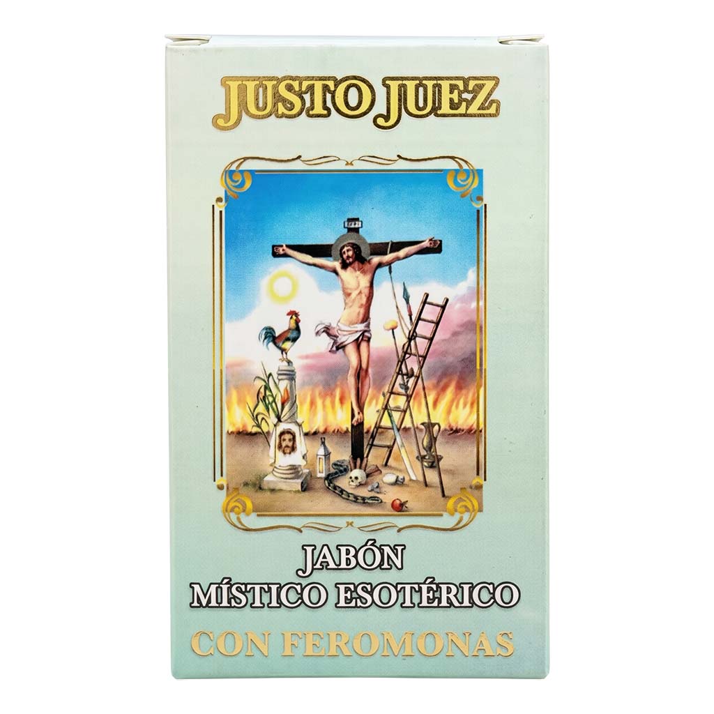 Box of Justo Juez mystical esoteric soap with religious imagery on a light blue background