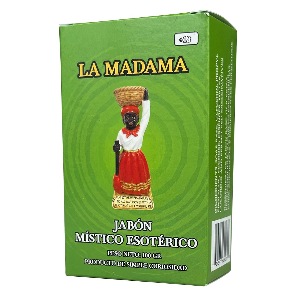 Green box of 'La Madama' mystical esoteric soap with an illustration of a woman on the front.