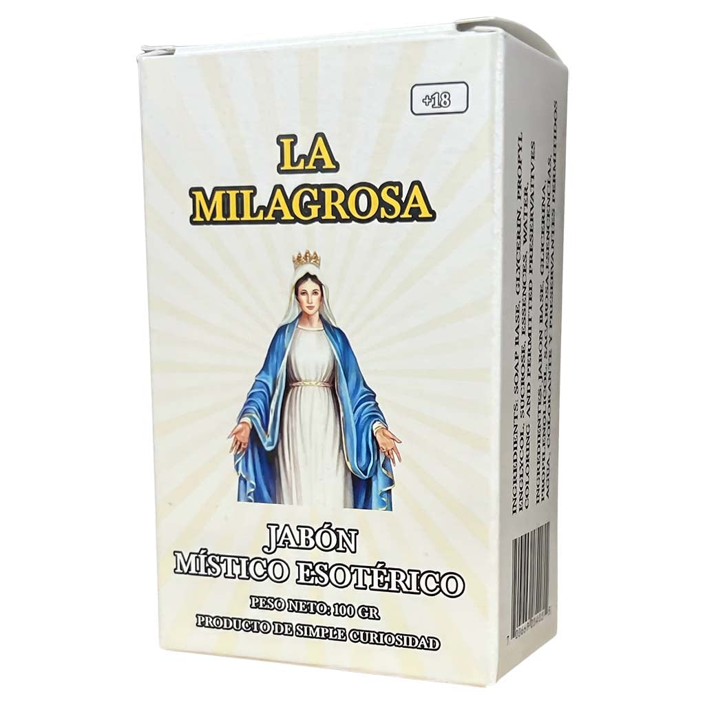 Box of 'La Milagrosa' mystical esoteric soap with a religious figure on the packaging.