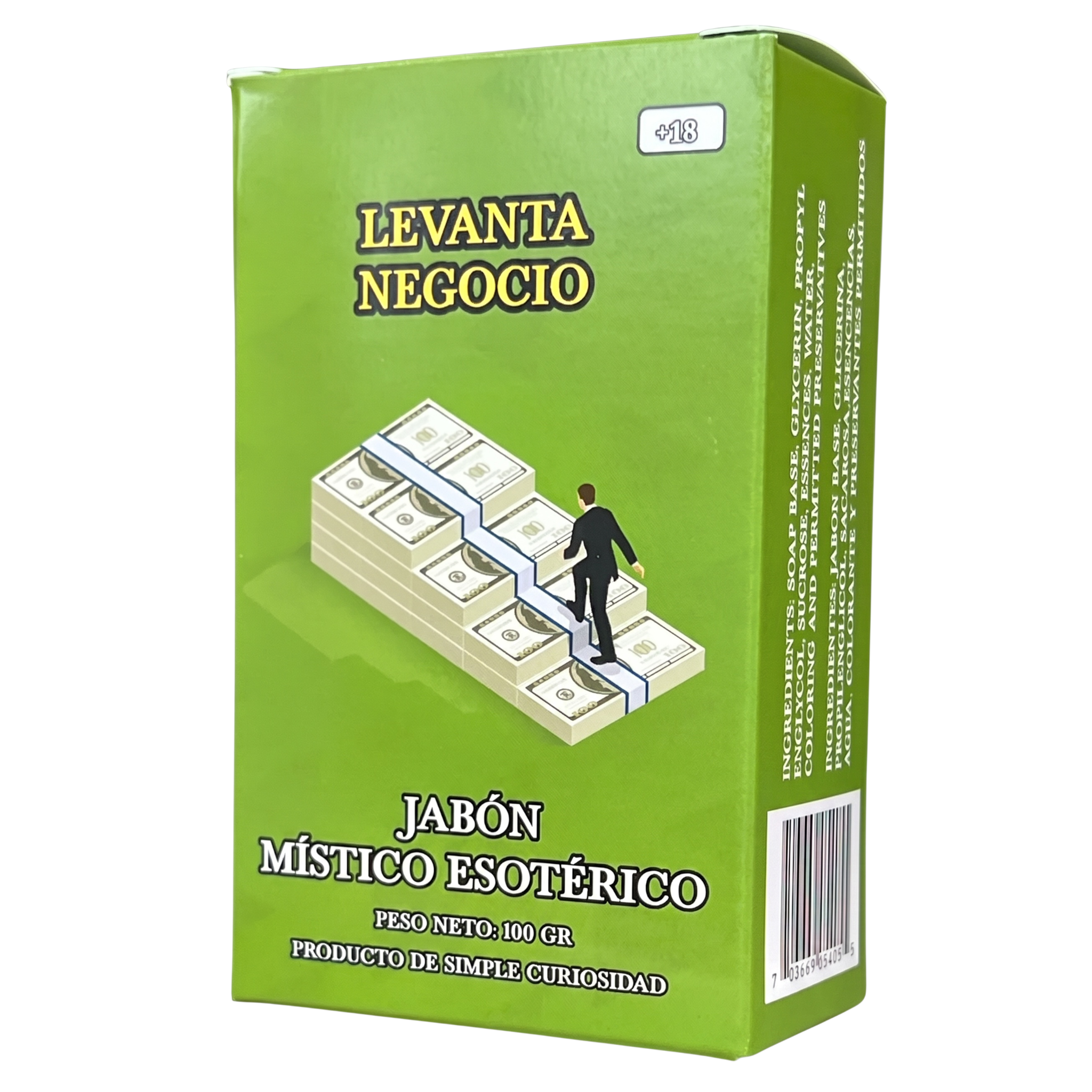 Green box with money and a person graphic, labeled 'LEVANTA NEGOCIO' on a white background.