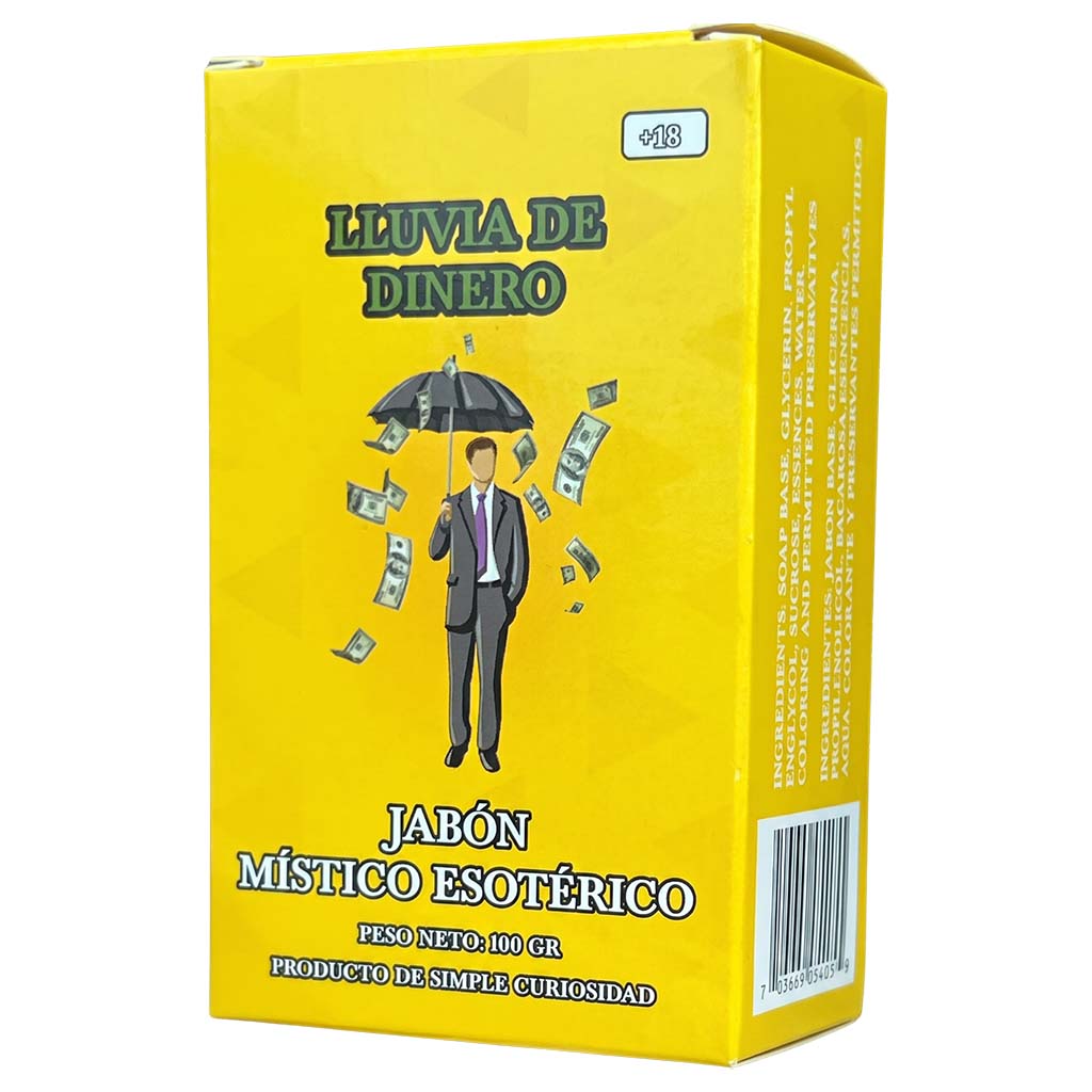 Yellow box with a graphic of a person under an umbrella with money falling, on a white background.