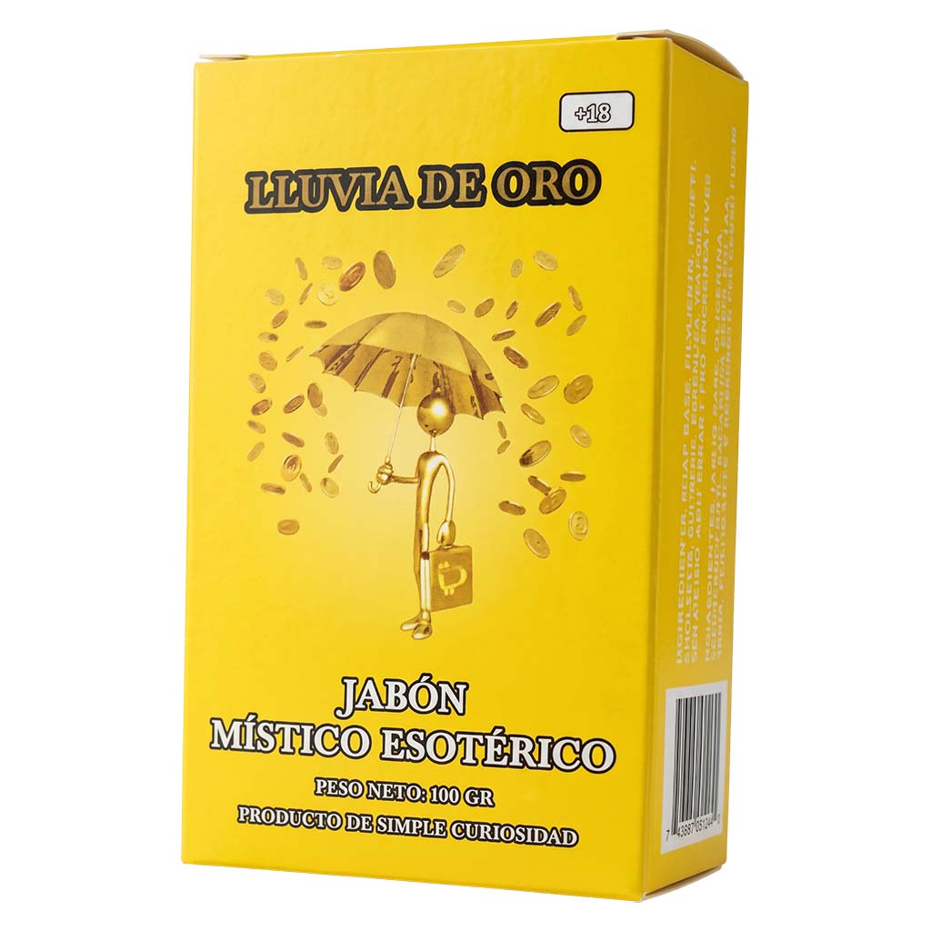 Yellow box with gold accents featuring 'Lluvia de Oro' branding and product description.