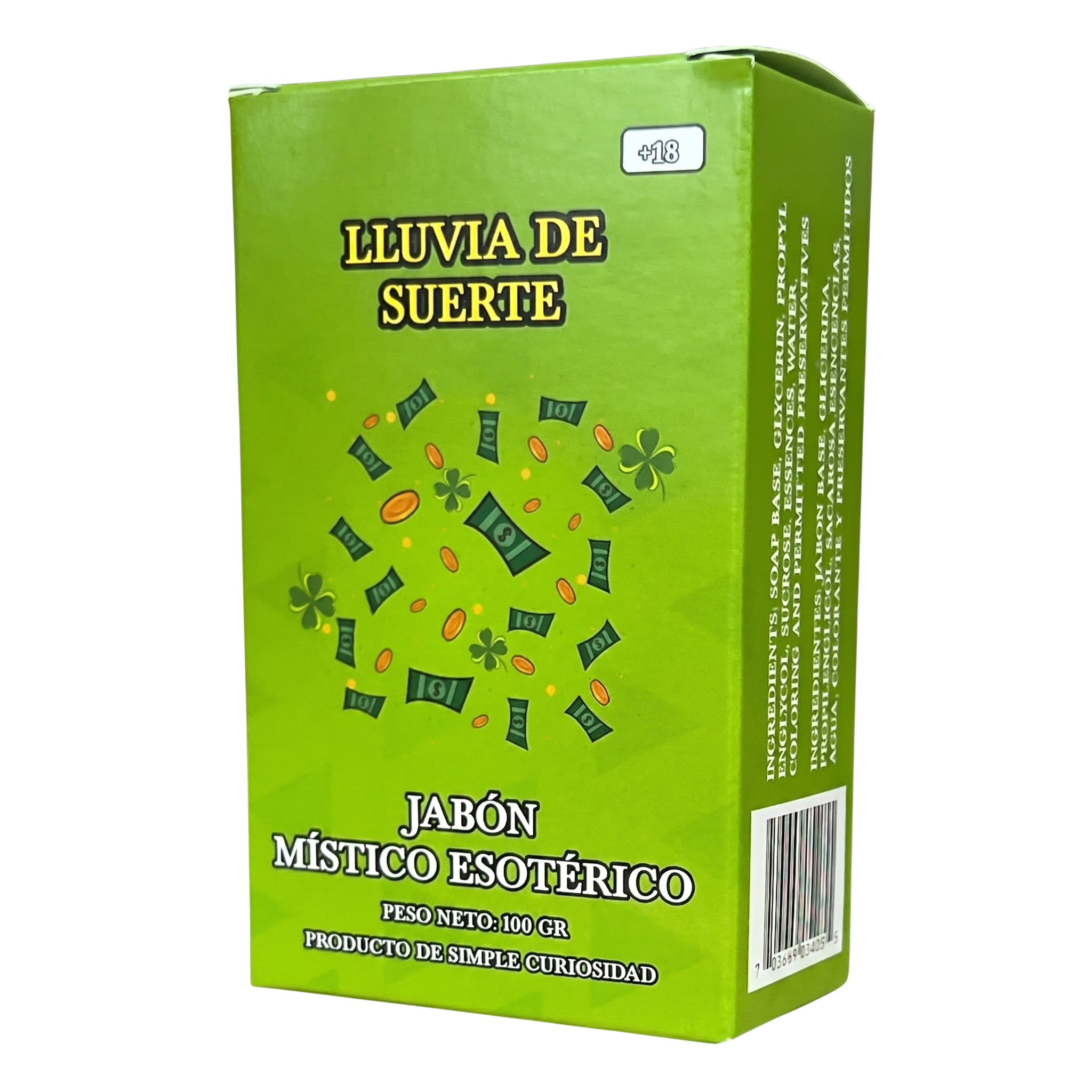 Green box with 'LLuvia de Suerte' text and graphic on a white background