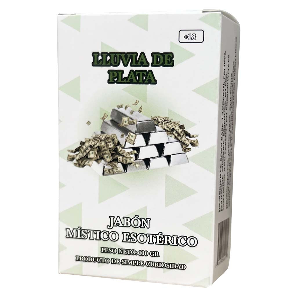 Box of 'Lluvia de Plata' soap with silver bars on a white background