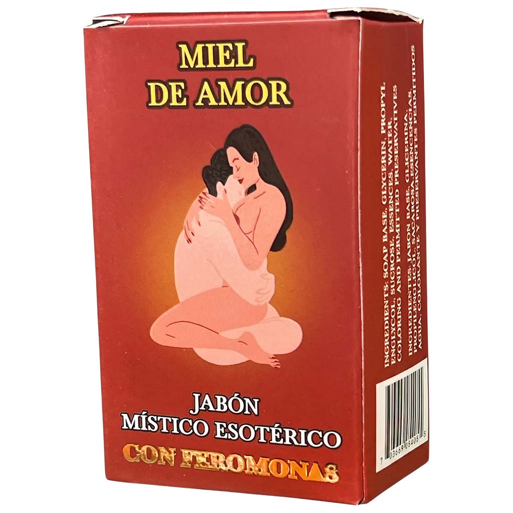 Box of 'Miel de Amor' soap with a stylized illustration of two people embracing on a red background.