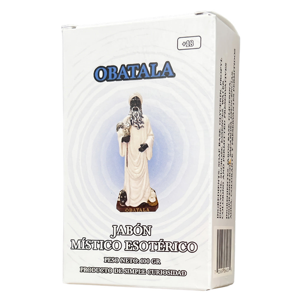 Box of OBATALA mystical esoteric soap with a figurine on a white background