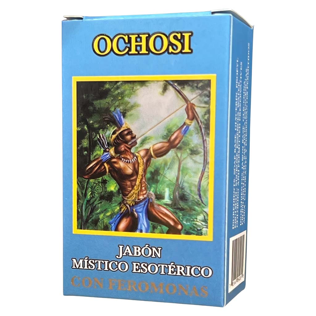 Ochosí soap packaging with an illustration of a man with a bow and arrow on a blue background