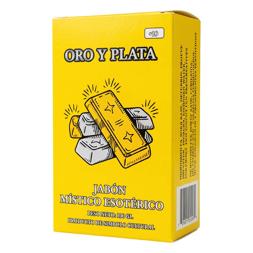 Yellow box of 'Oro y Plata' with gold and silver bars illustration on a white background