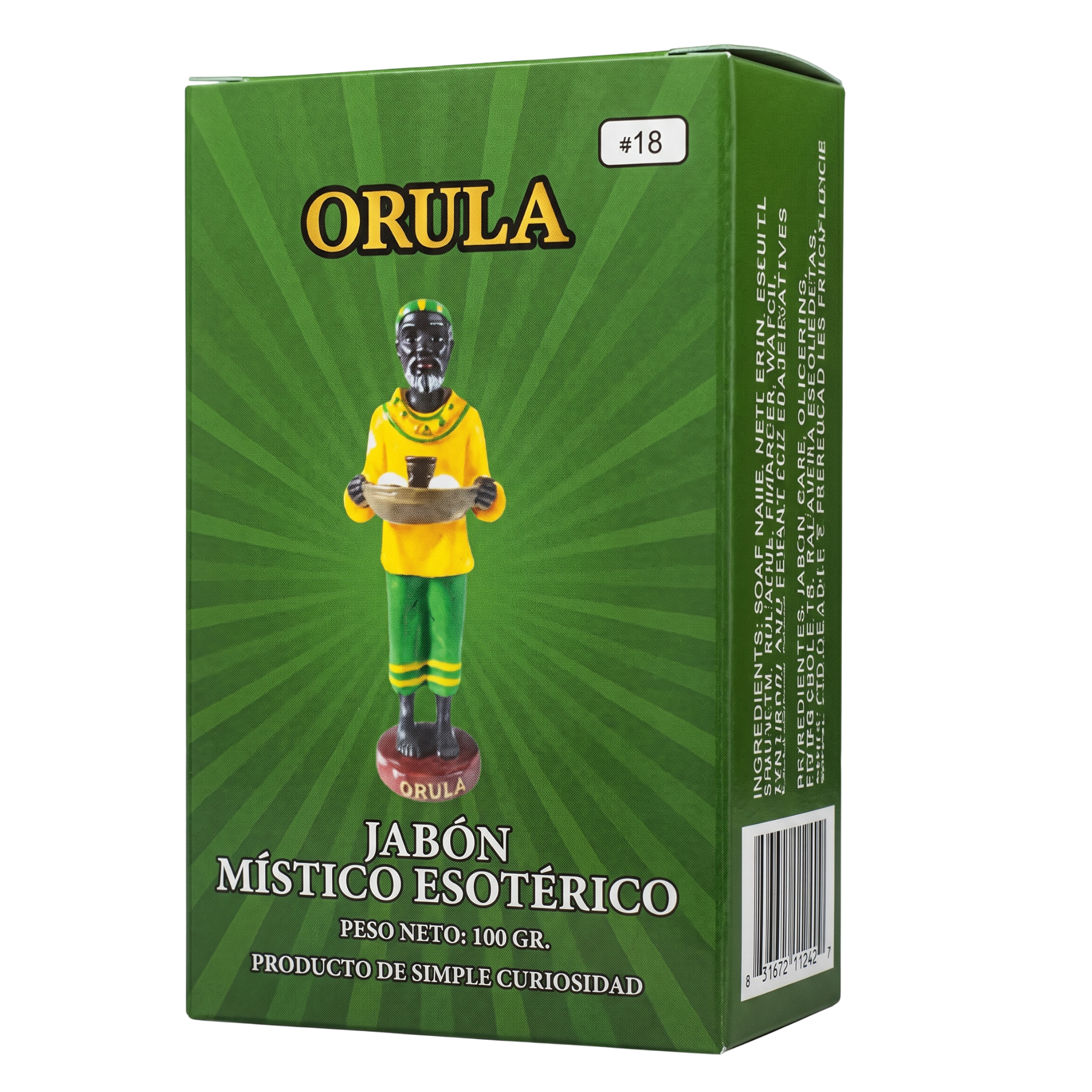 Orula mystical esoteric soap packaging with a green background
