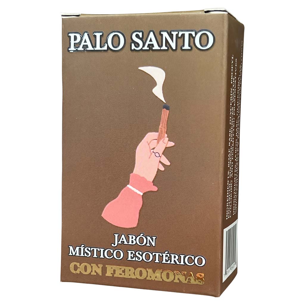 Box of Palo Santo soap with a hand holding a lit candle illustration on a brown background.
