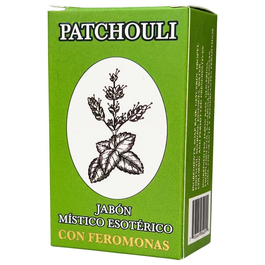 A green rectangular box of Patchouli Méstico Esotérico con Feromonas, featuring a white oval with a black botanical illustration of the patchouli plant.