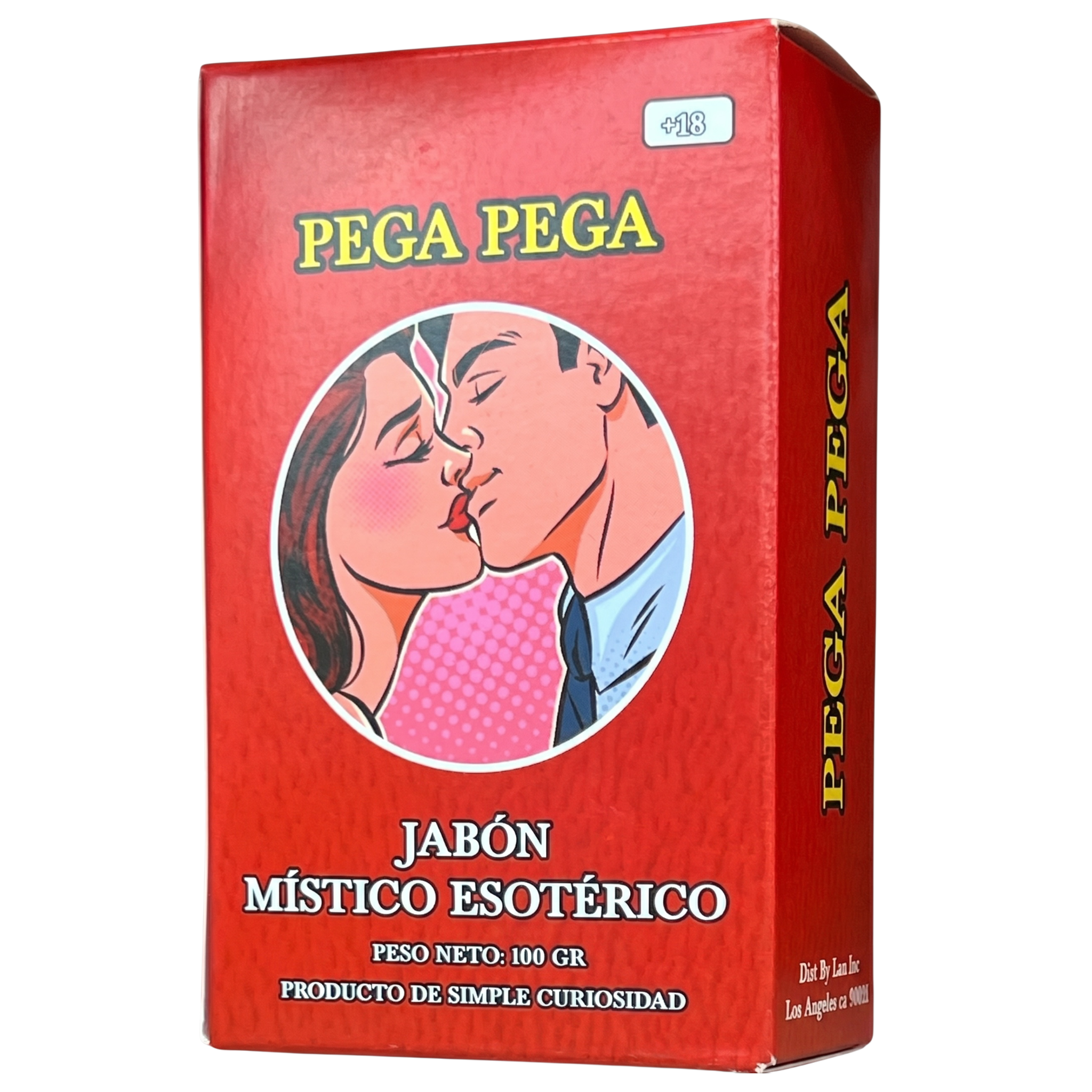 Red box of Pega Pega with a kissing couple illustration on a white background