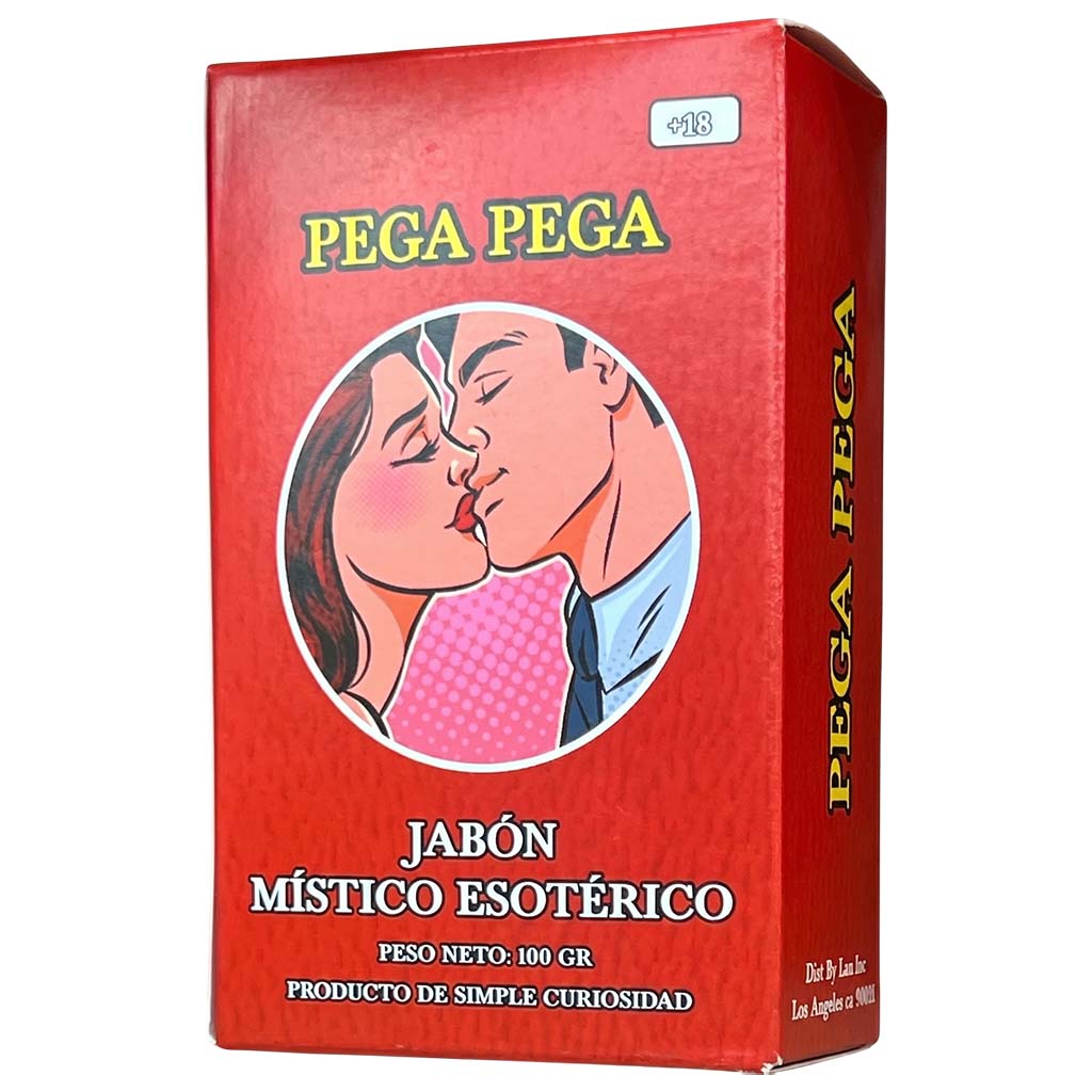 Red box of Pega Pega with a kissing couple illustration on a white background