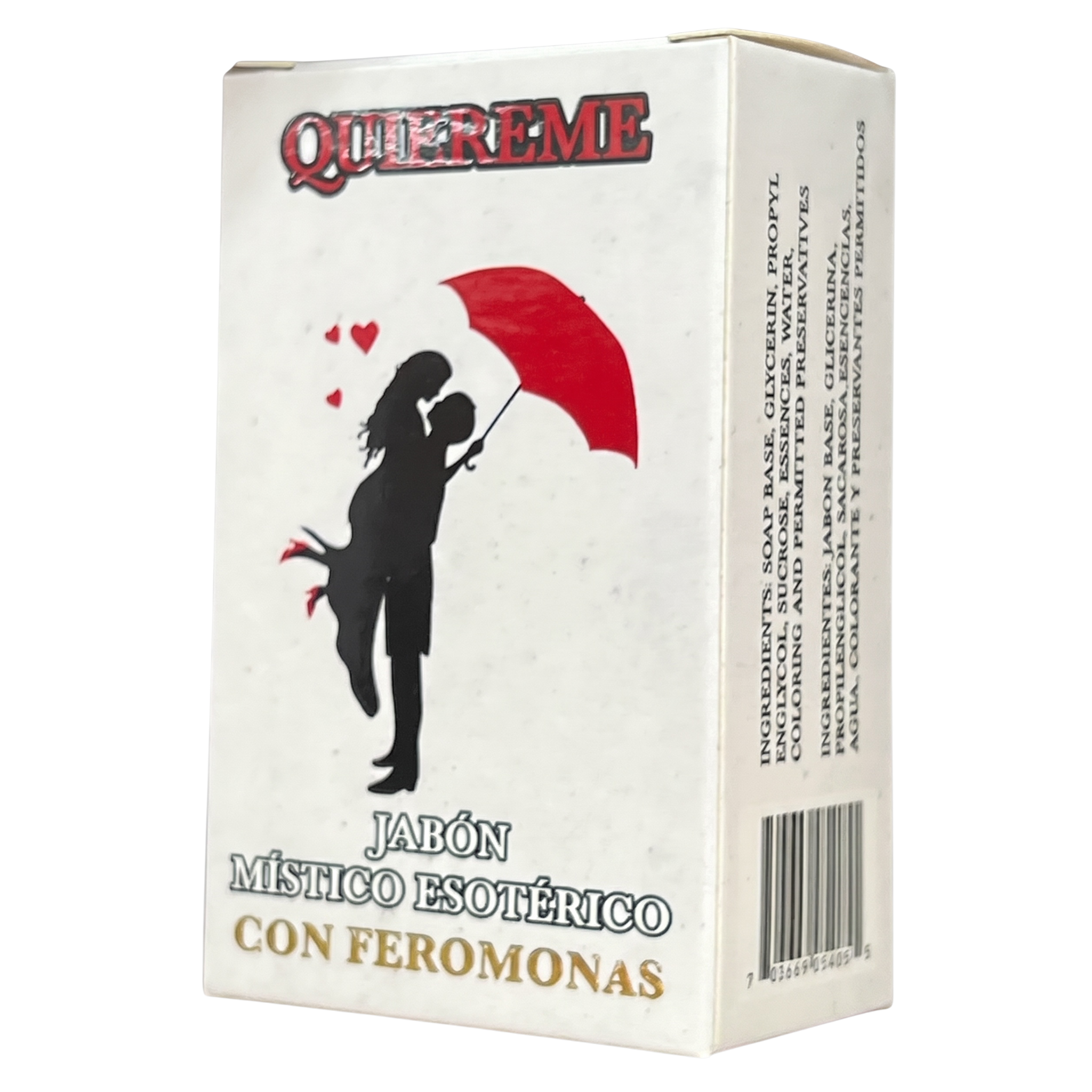 Box of 'Quererme' soap with a silhouette of a couple under a red umbrella on a white background.