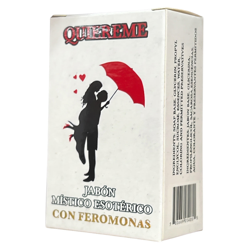 Box of 'Quererme' soap with a silhouette of a couple under a red umbrella on a white background.