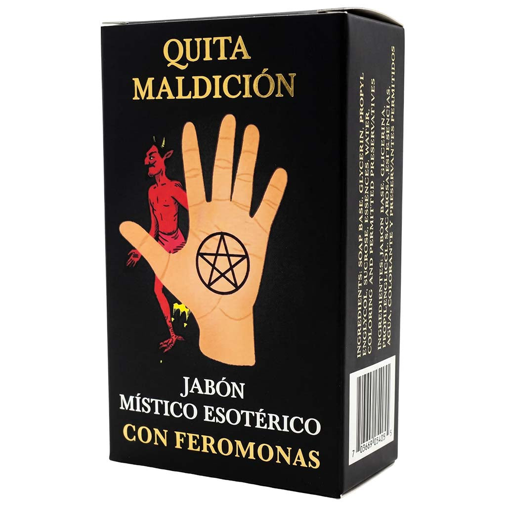 Box of 'Quita Maldicion' soap with a hand and pentagram design on a black background