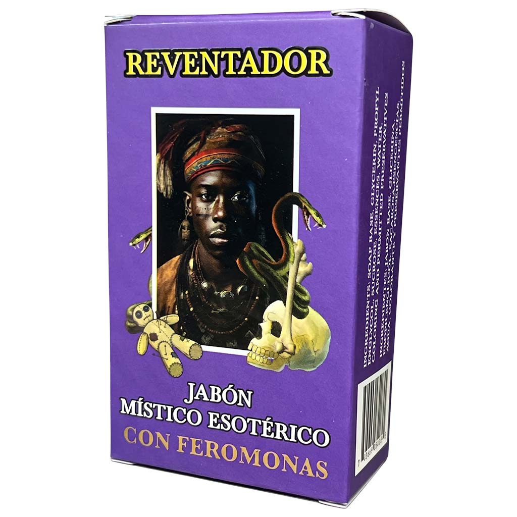 Purple box of Reventador with a mystical design and text