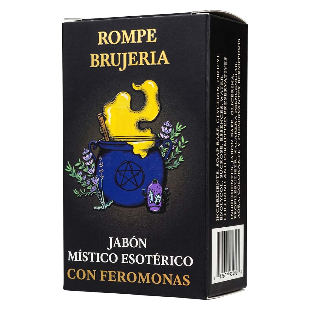 Black box with yellow and blue design featuring a pentacle and herbs, labeled 'Rompe Brujeria'.