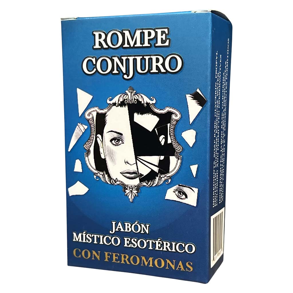 Blue box of 'Rompe Conjuro' with a face design and text on a white background