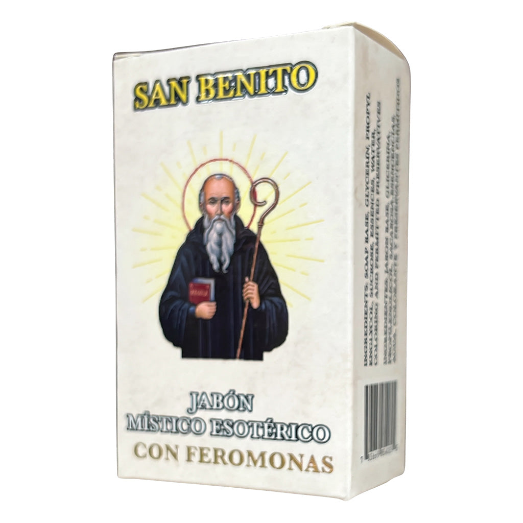 Box of San Benito soap with a depiction of a religious figure on the packaging.