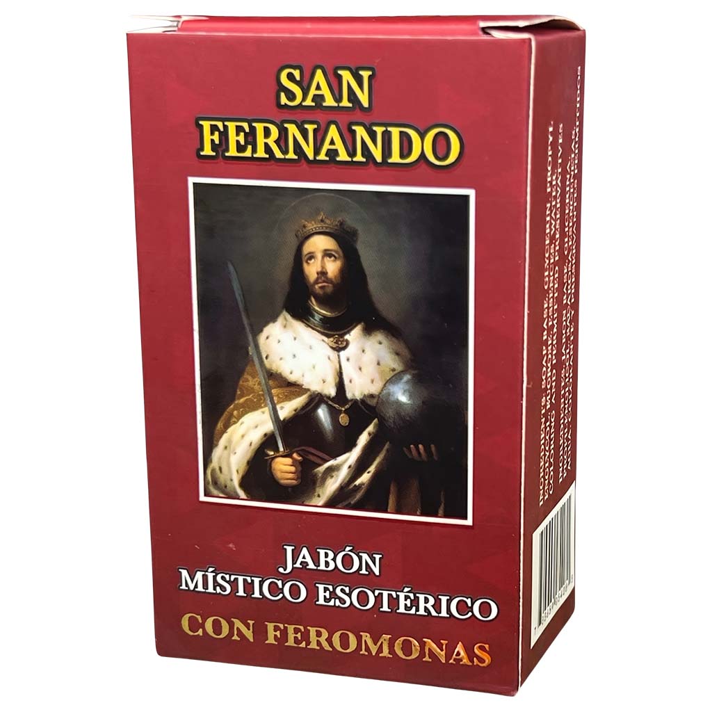 Box of San Fernando soap with a historical figure on a red background