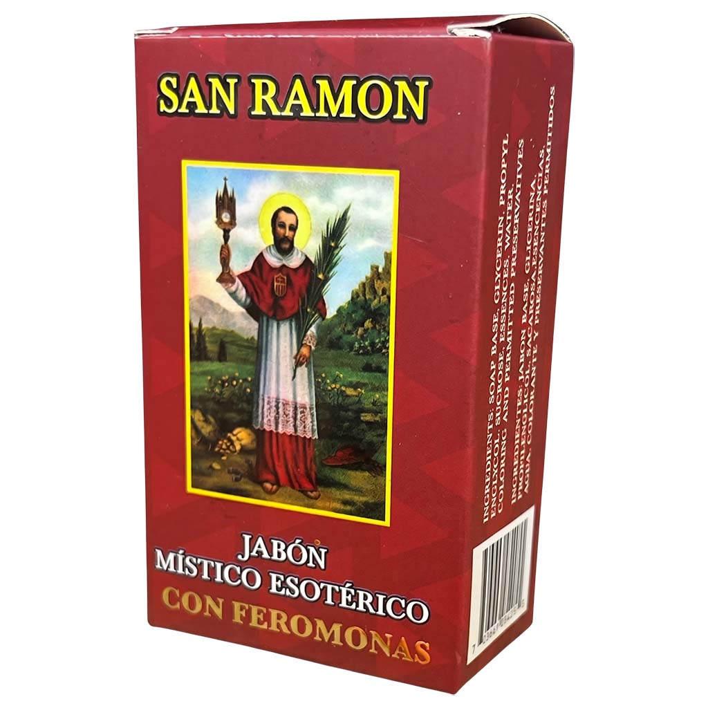 Red box of San Ramon soap with an image of a saint on a white background
