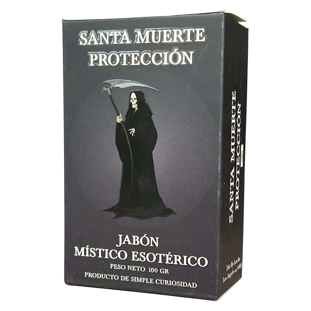 Box of 'Santa Muerte Proteccion' soap with a silhouette of a Grim Reaper on a dark background.