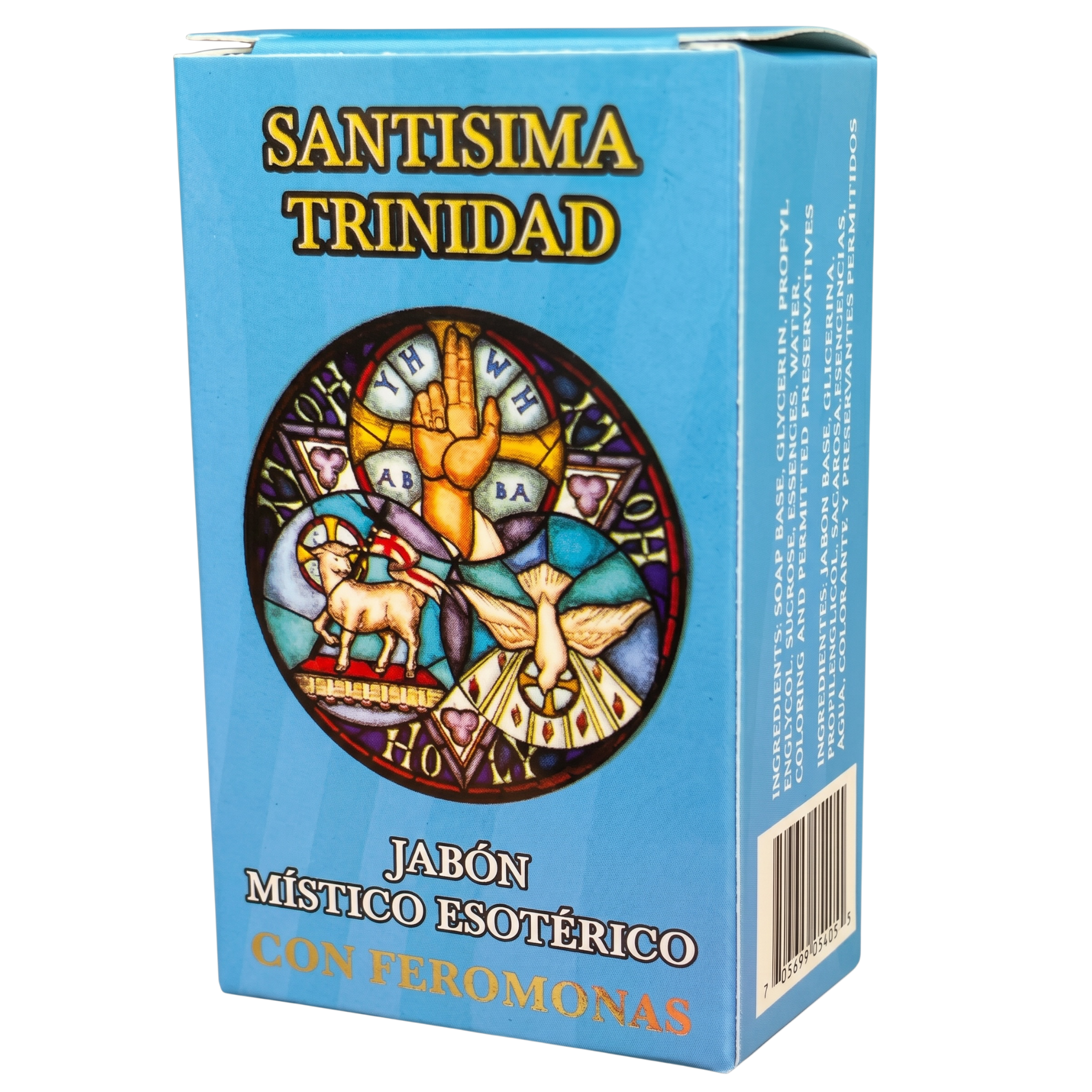 Blue box of 'Santisima Trinidad' with religious design and text on a white background