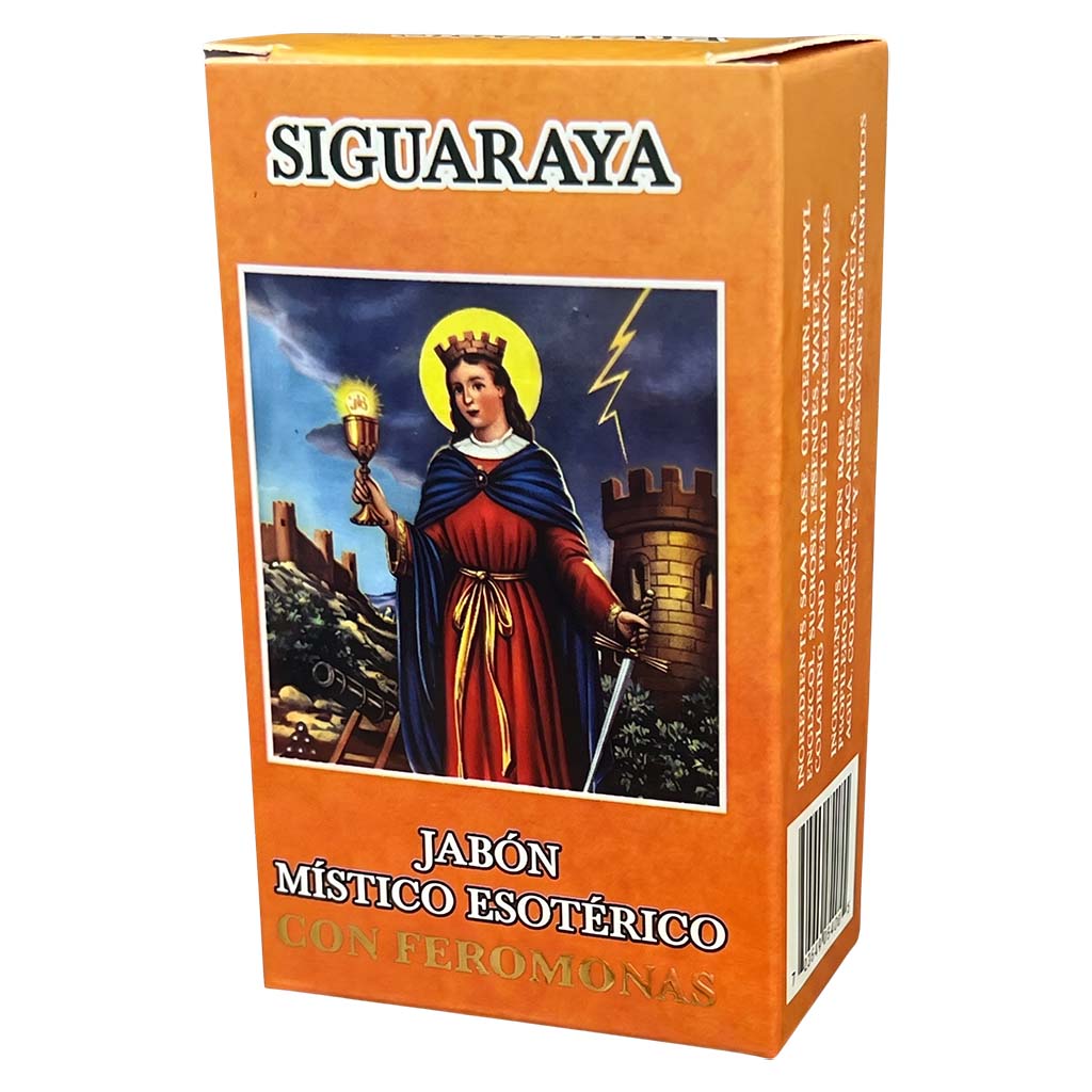 Orange box of Siguaraya with an image of a woman holding a candle and sword on a white background