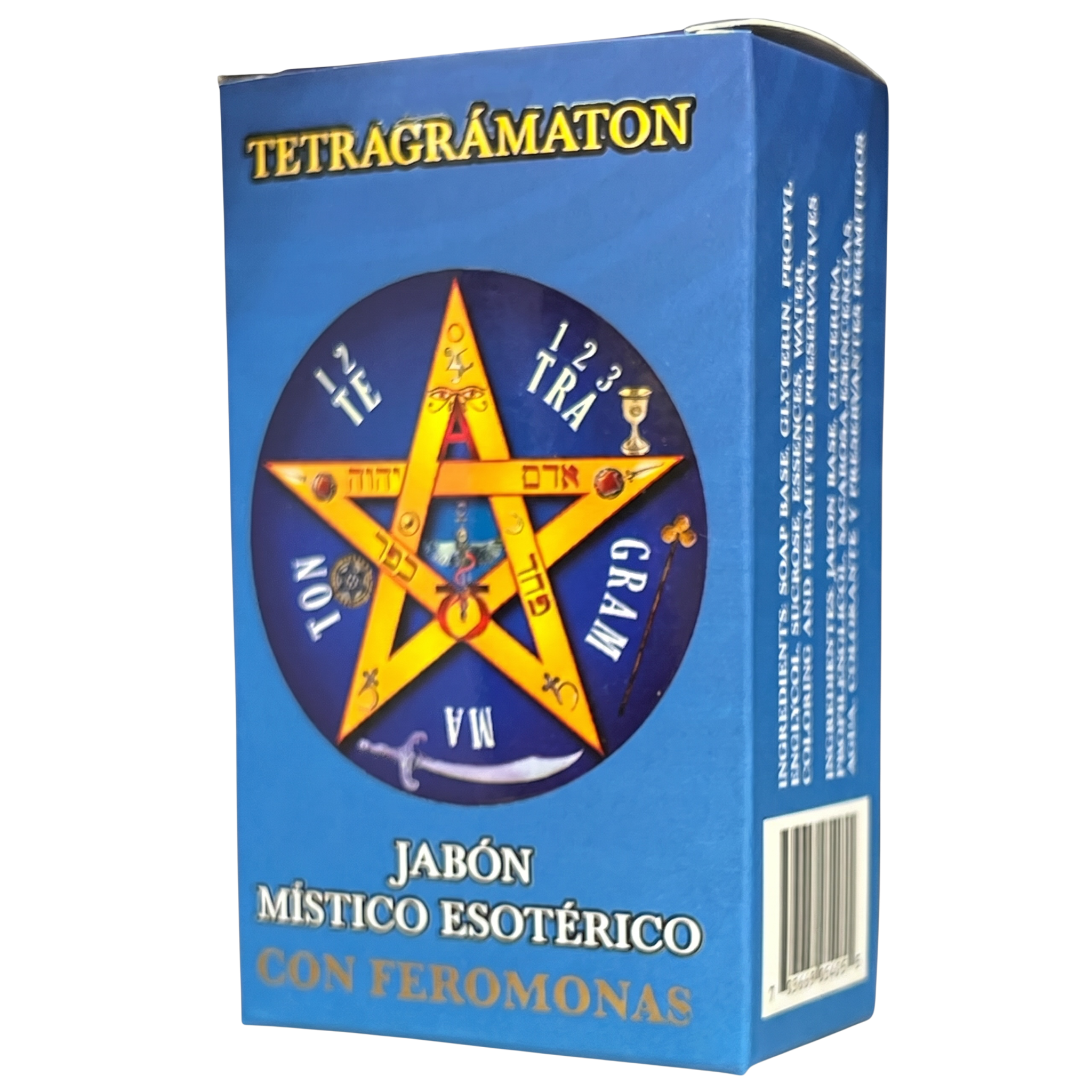 Blue box of Tetragramaton with a star design and text on a white background