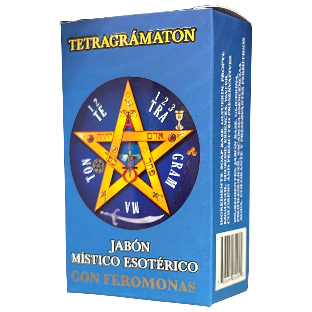 Blue box of Tetragramaton with a star design and text on a white background