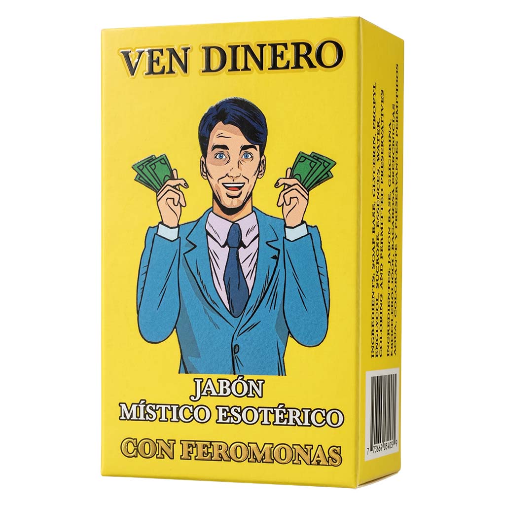 Box of 'Ven Dinero' soap with a person holding money on a yellow background