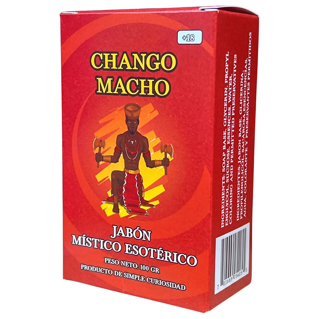 Red box of Chango Macho with an illustration of a figure holding a heart and a staff on a white background.