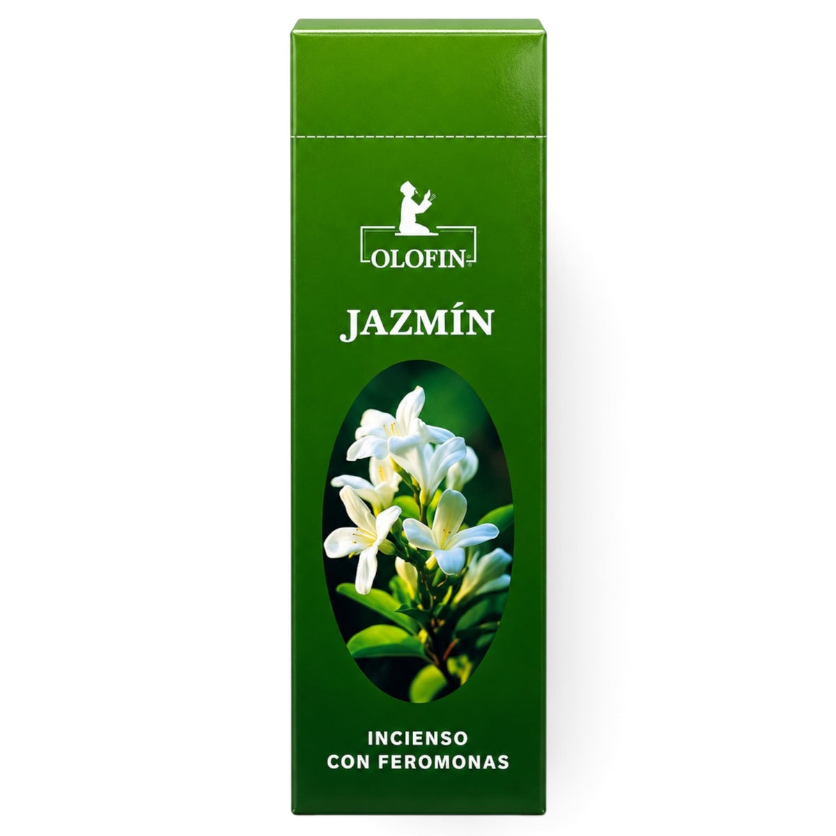 A tall green rectangular box of Olofin Jazmín incense with white flowers printed on the front, set against a plain white background.