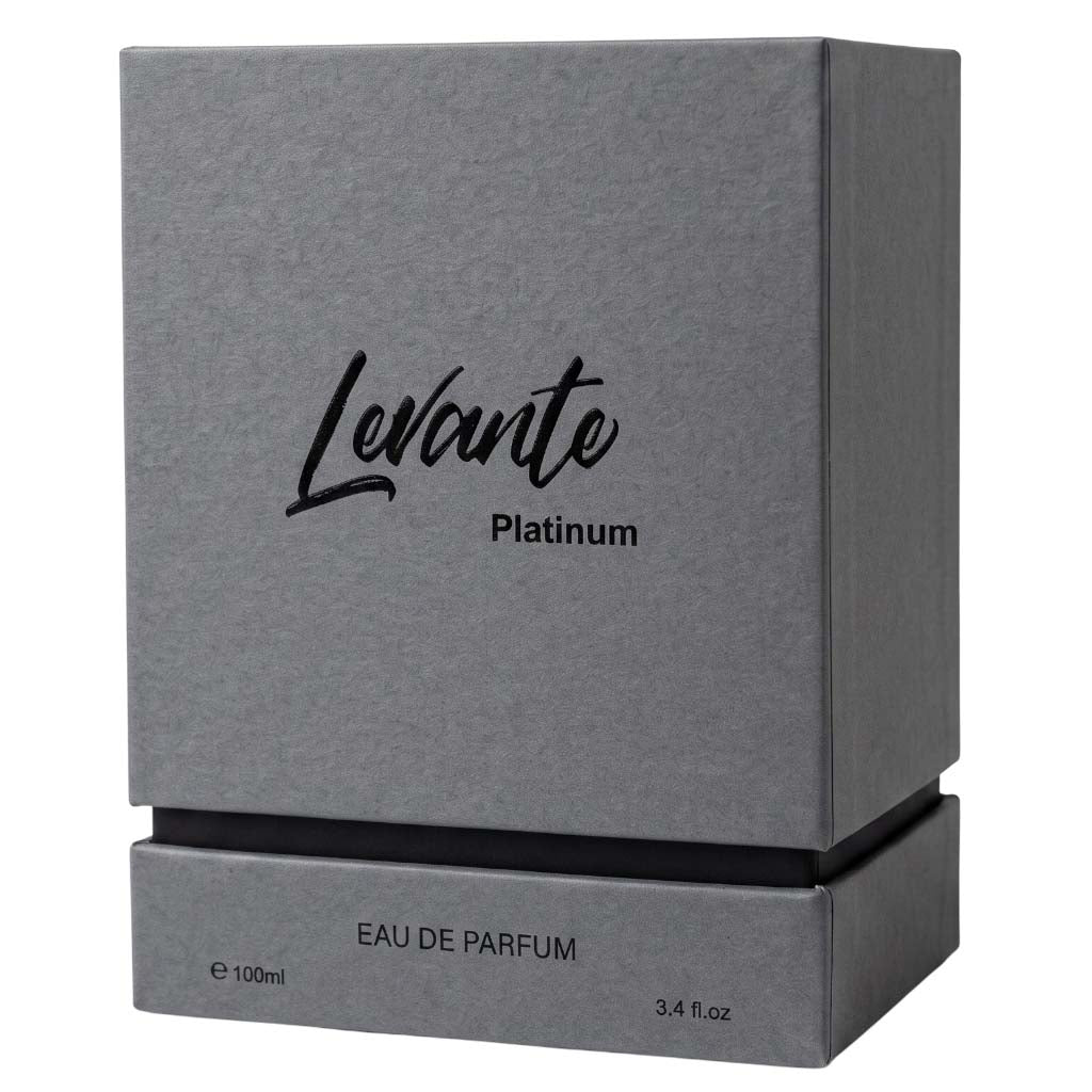 Gray rectangular perfume box for Levante Platinum Eau de Parfum, with black script branding and text on a white background.