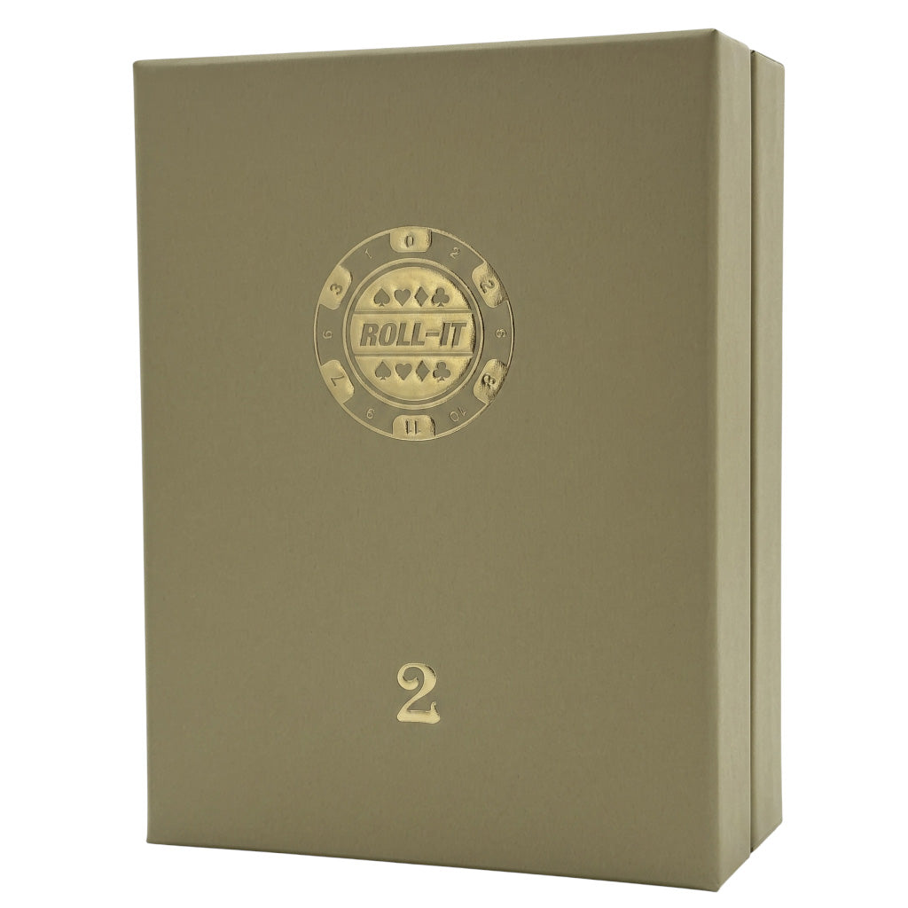 A rectangular metallic gold box with a circular embossed 'ROLL-IT' logo and the number '2' near the bottom, shown on a plain white background.