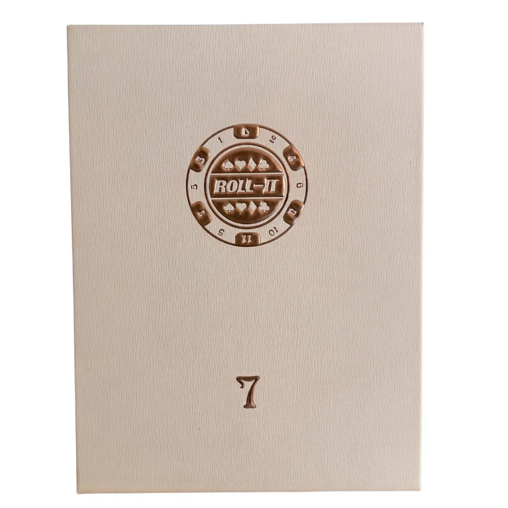 A cream-colored textured box with a circular brown and white 'ROLL-IT' logo near the top center and the embossed number '7' below it, shown against a plain white background.