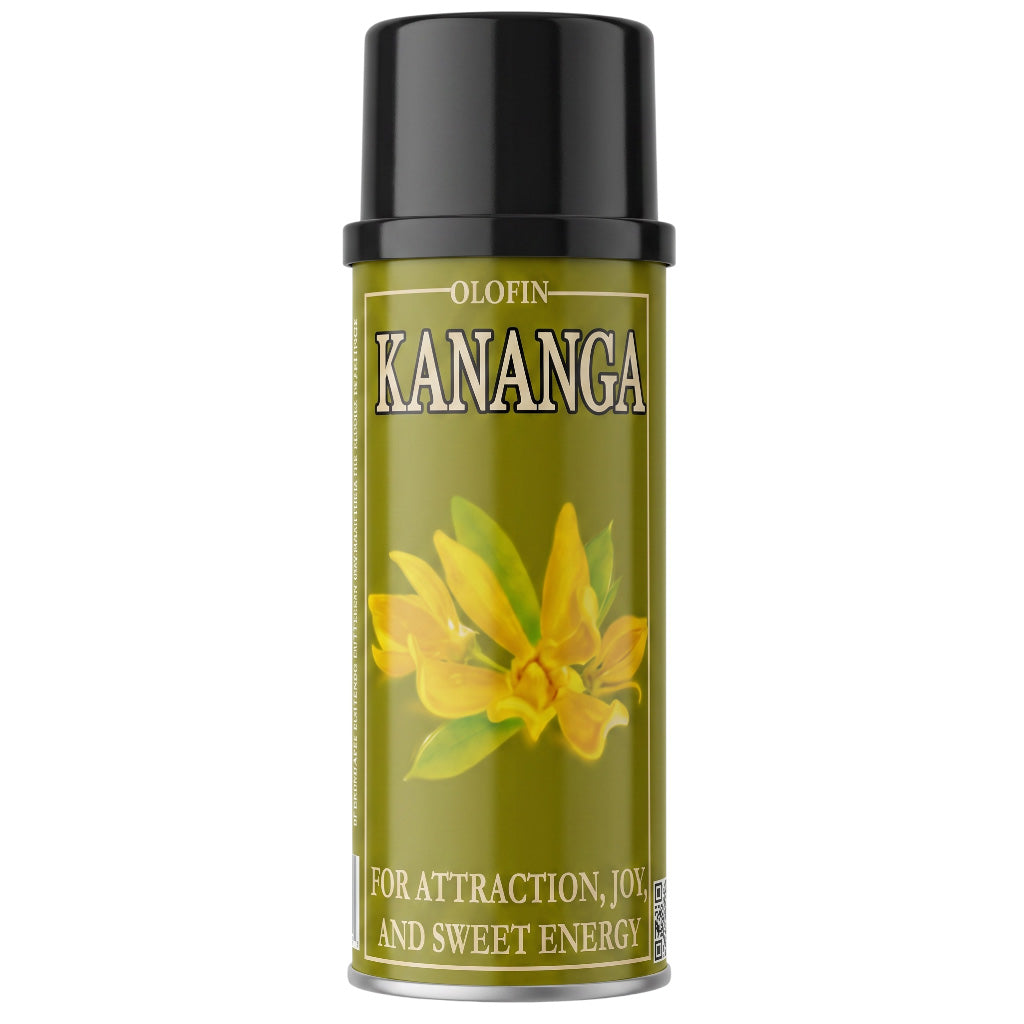 A single can of Olofin Kananga perfume or fragrance spray on a plain white background. The can has a black cap and a metallic olive-green body with a yellow flower illustration and white text.
