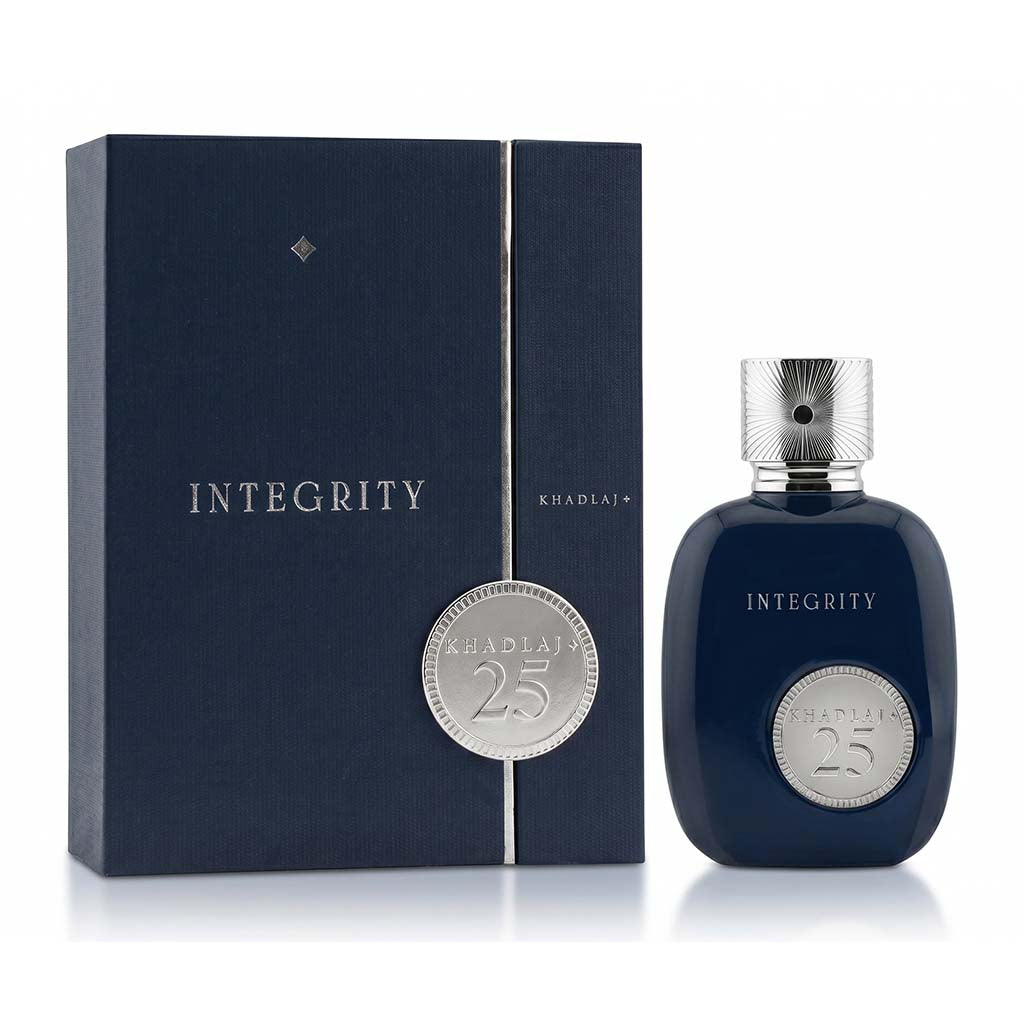 Blue perfume bottle and packaging with 'Integrity' branding on a white background