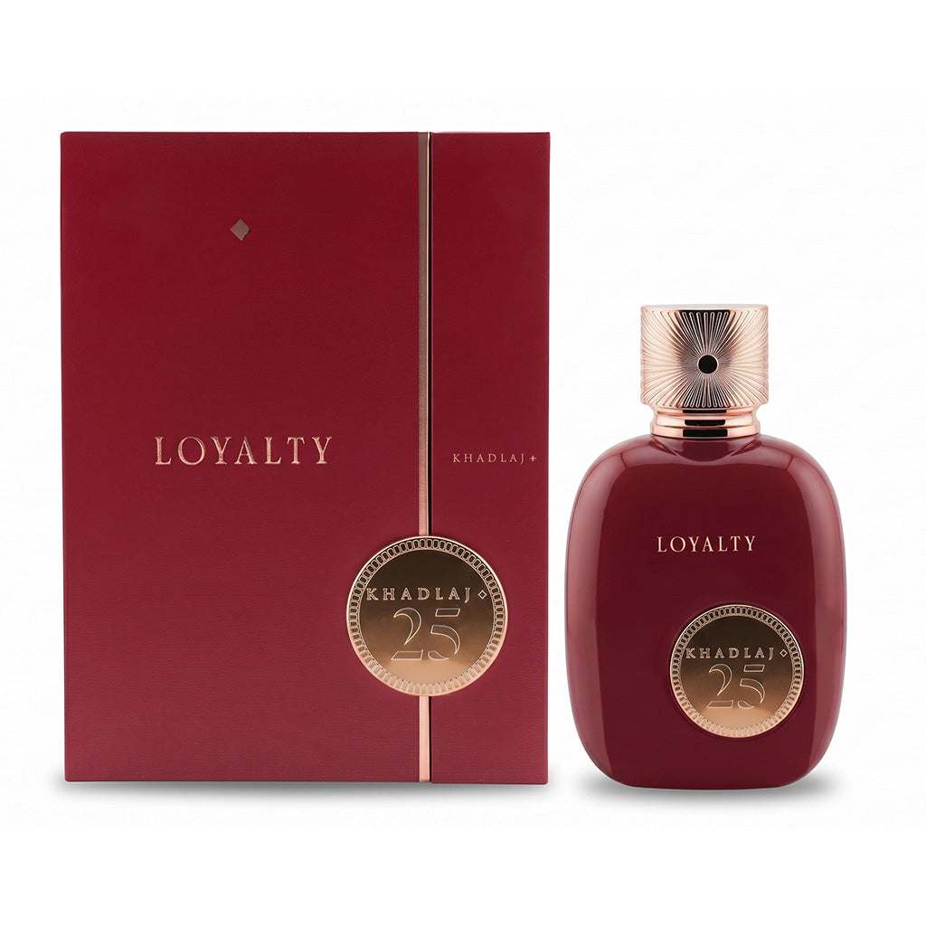Red 'Loyalty' perfume bottle and packaging with gold accents on a white background
