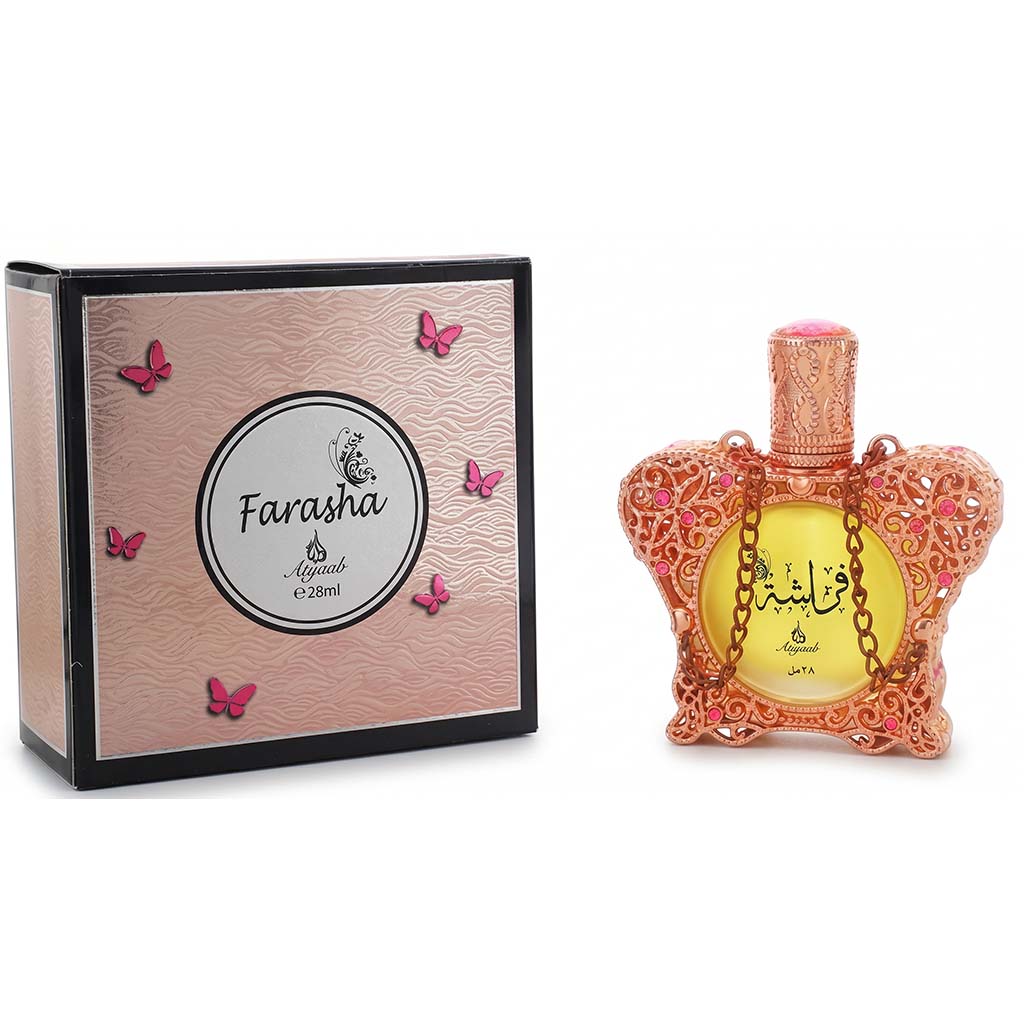 Farasha perfume bottle and packaging with decorative elements on a white background