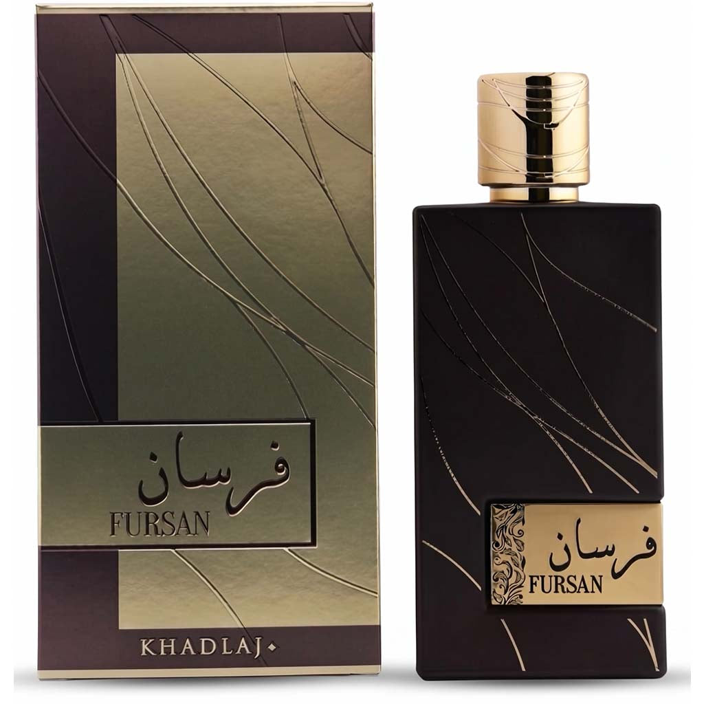 Fursan perfume bottle and packaging with gold and black design on a white background