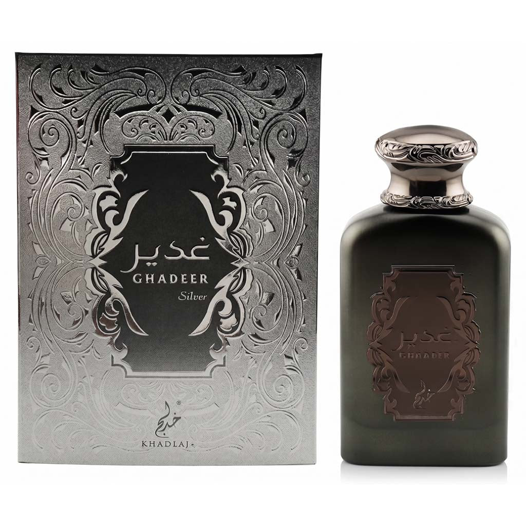 Ghadeer Silver perfume bottle and packaging on a white background