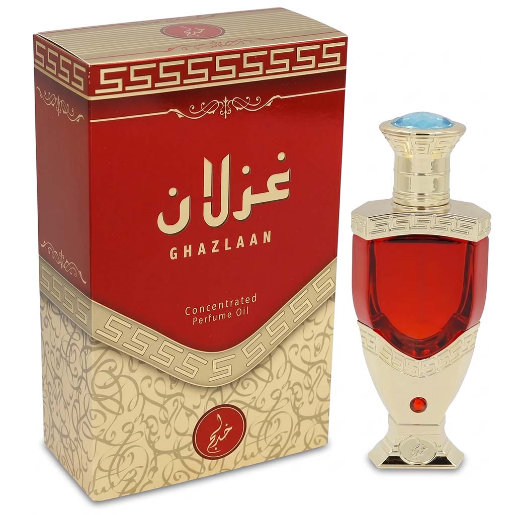 Ghazlaan perfume bottle with red liquid and gold cap on a white background