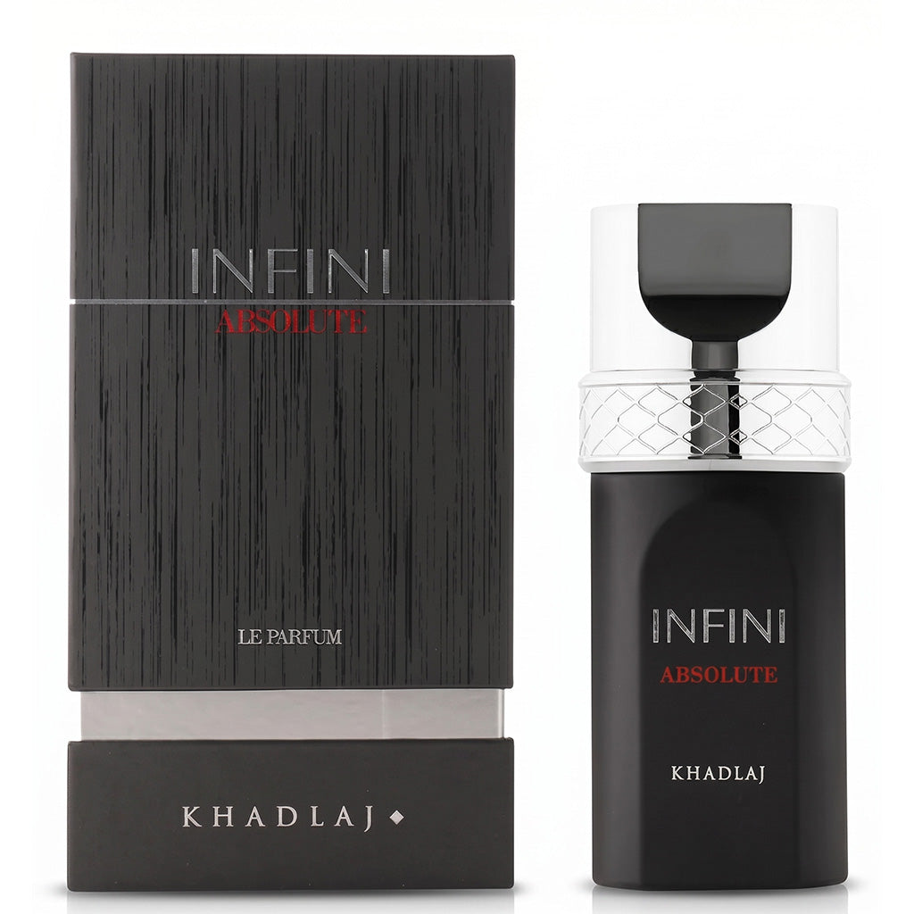 Infini Absolute perfume bottle and packaging by Khadlaj on a white background