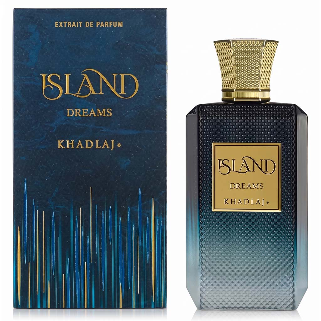Perfume bottle and packaging of 'Island Dreams' by Khadlaj on a white background