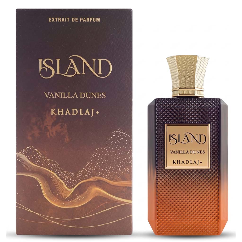 Perfume bottle and packaging of Island Vanilla Dunes Khadlaj on a white background