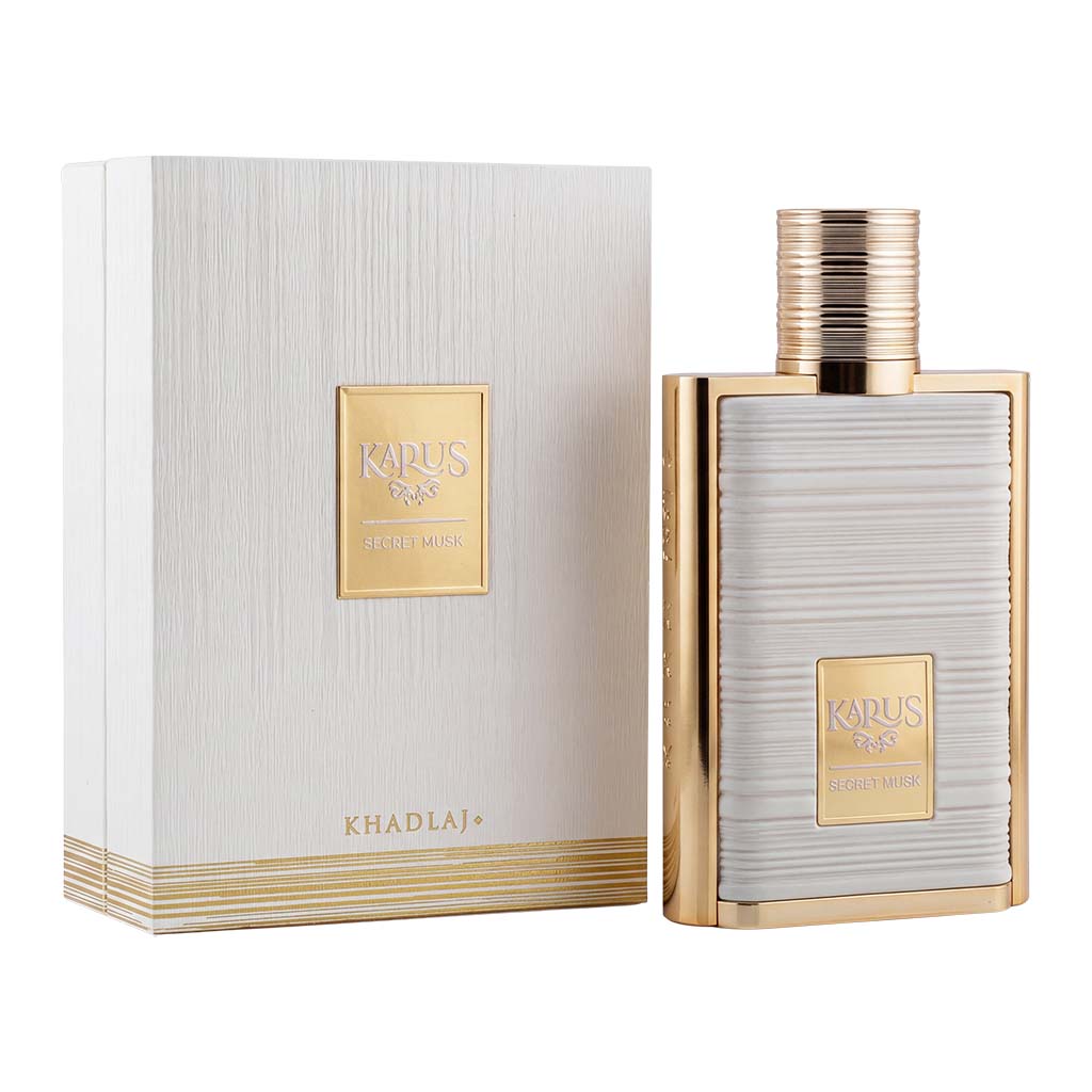 Perfume bottle and packaging with 'Khadlaj' branding on a white background