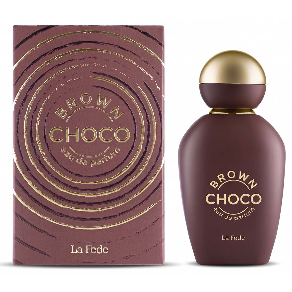 Brown Choco perfume bottle and packaging with gold accents on a white background